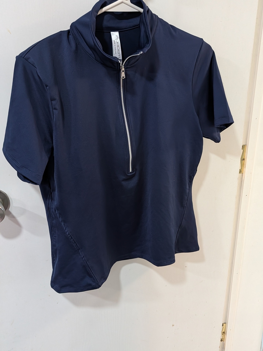 Sporty Navy Short Sleeve Half-Zip Mock Neck Top